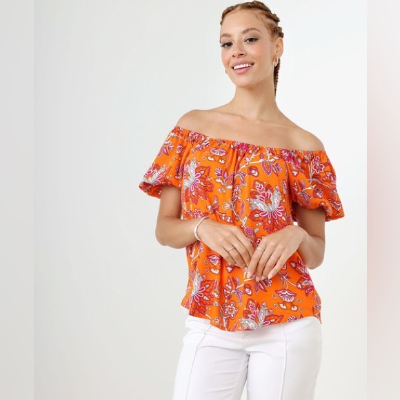 cleo Tops - Cleo Floral Cold Shoulder Short Sleeve Orange Peasant Blouse Medium